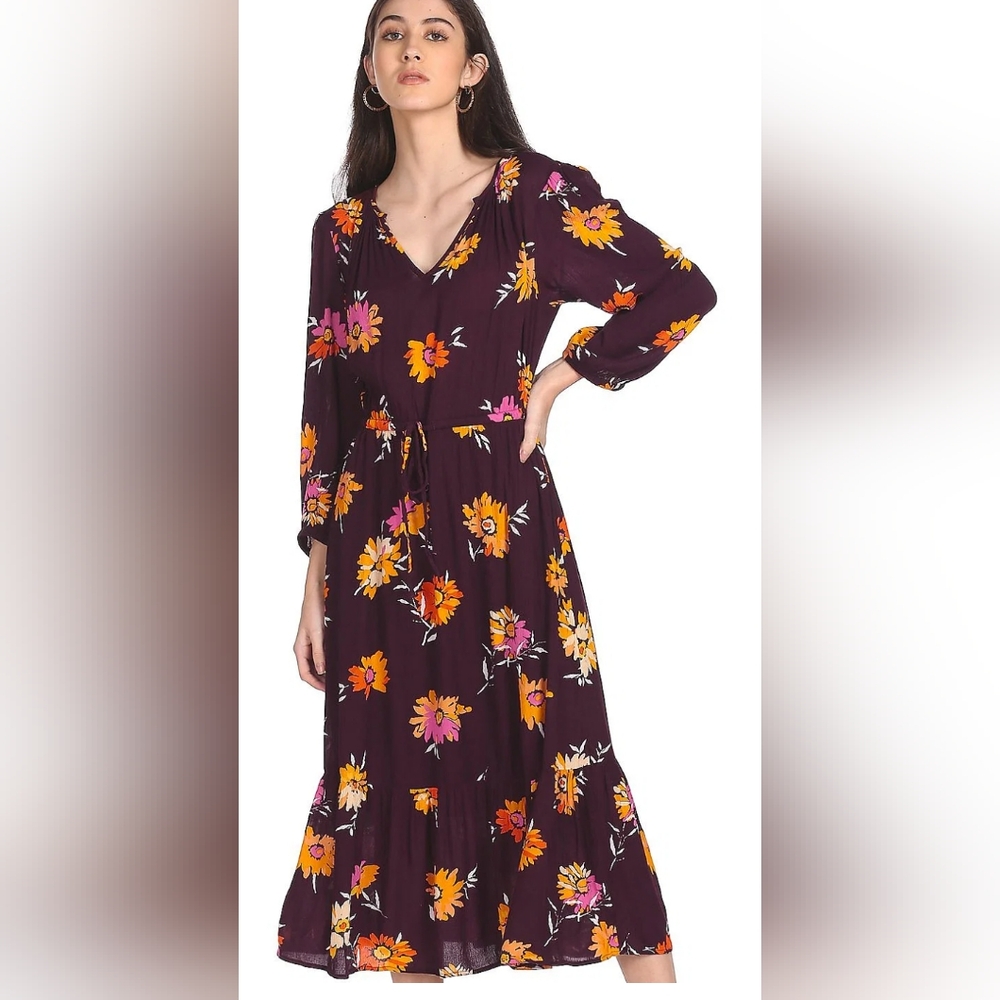 EC GAP Purple Plum Large Floral Print Midi Dress
